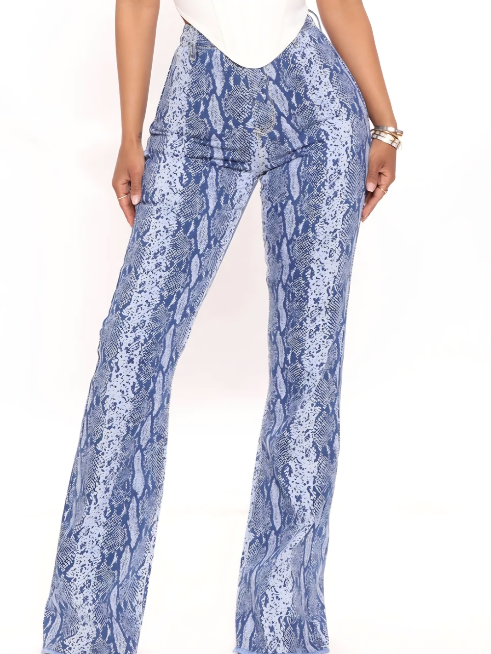 Fashion Nova Blue Snake-Print Flare Pants